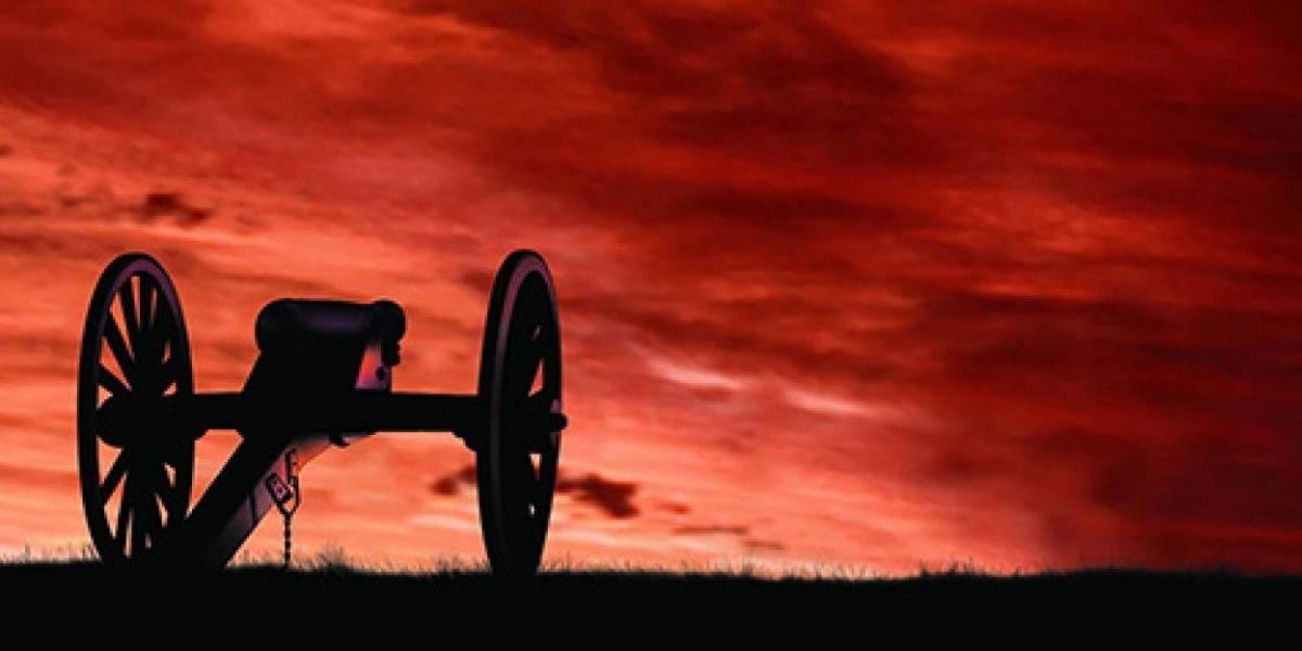 Picture of gun carriage with red sunset background in PBS' Civil War documentary.