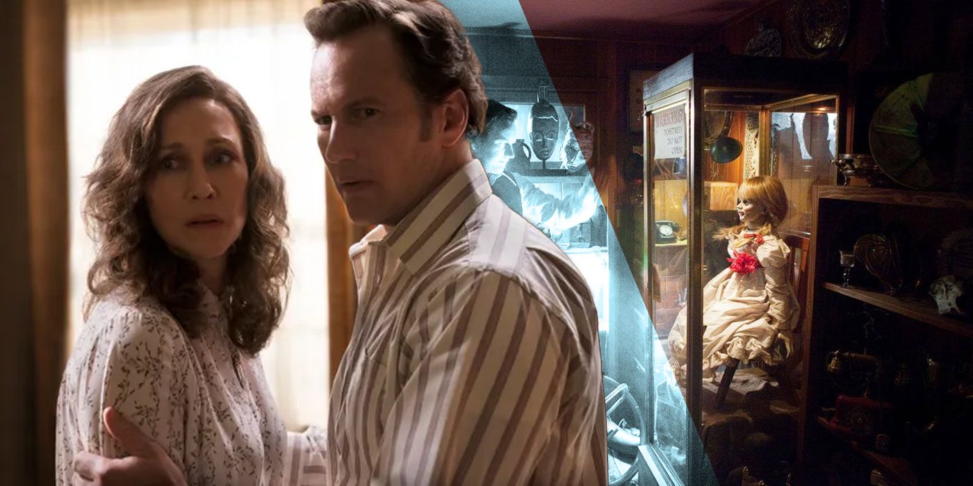 A blended image features Lorraine and Ed Warren in the Conjuring movies and Annabelle in their occult museum