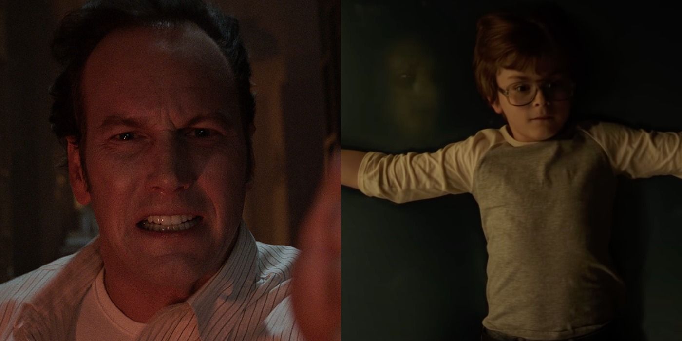 The Conjuring Split image: Ed Warren brandishes the Christian Cross/ David lies on a bed with a demonic face behind him