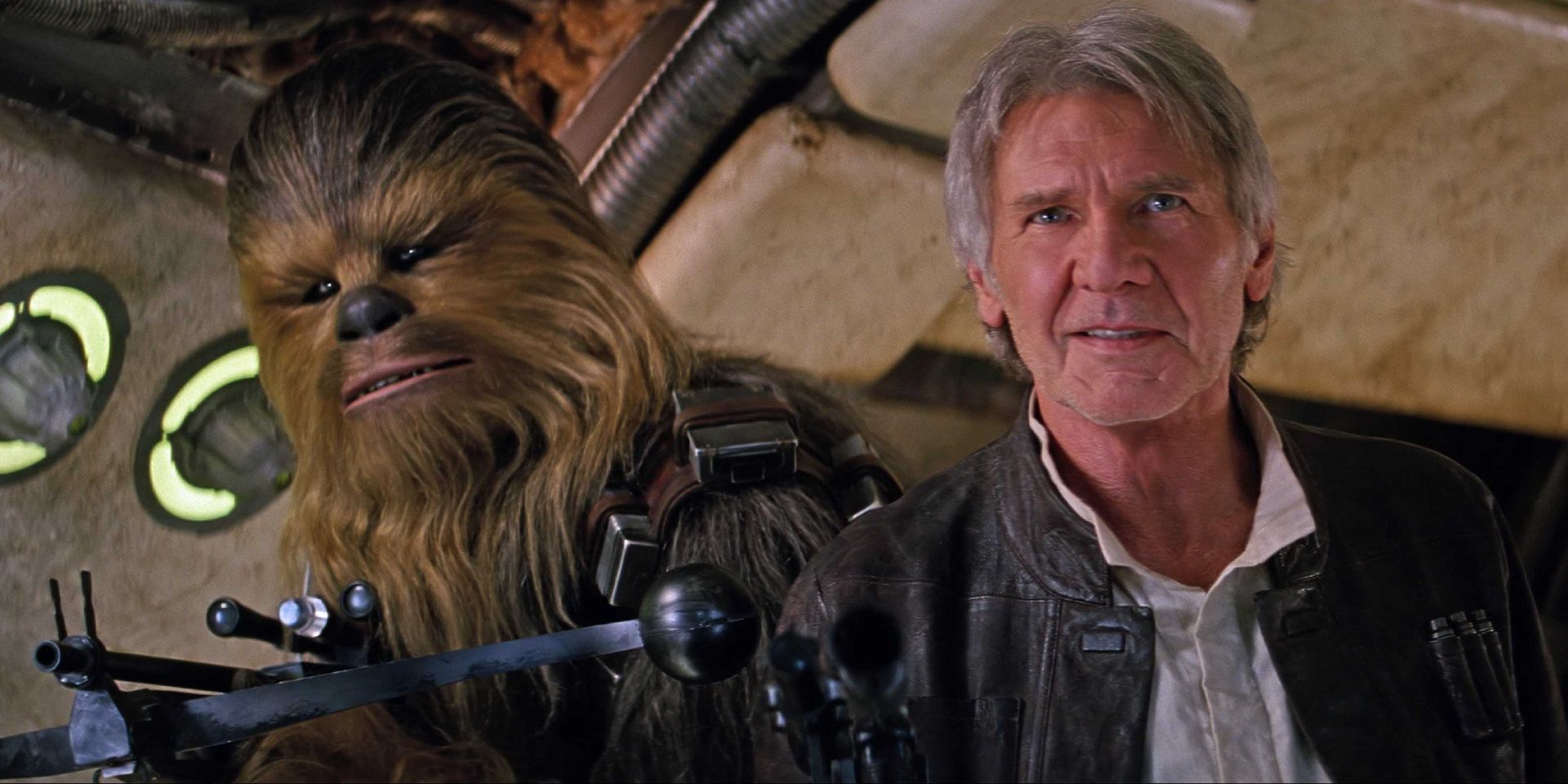 Han and Chewie step onto the Millenium Falcon in Star Wars: The Force Awakens