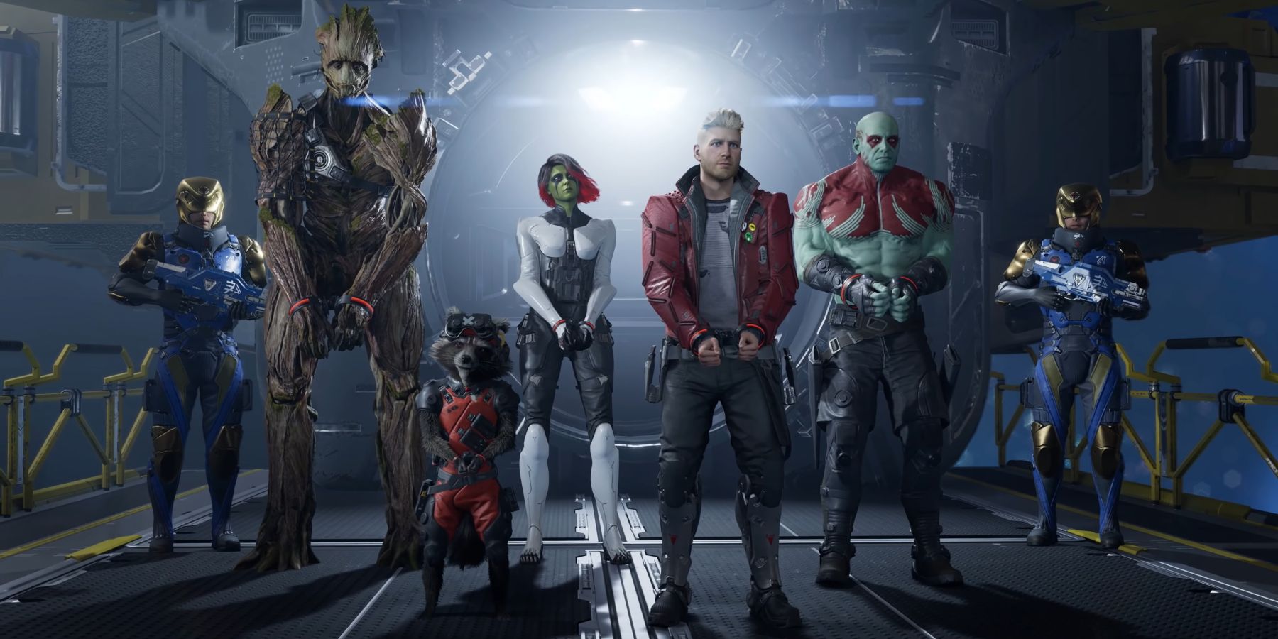 The Guardians in custody of the Nova Corps in Marvel’s Guardians of the Galaxy