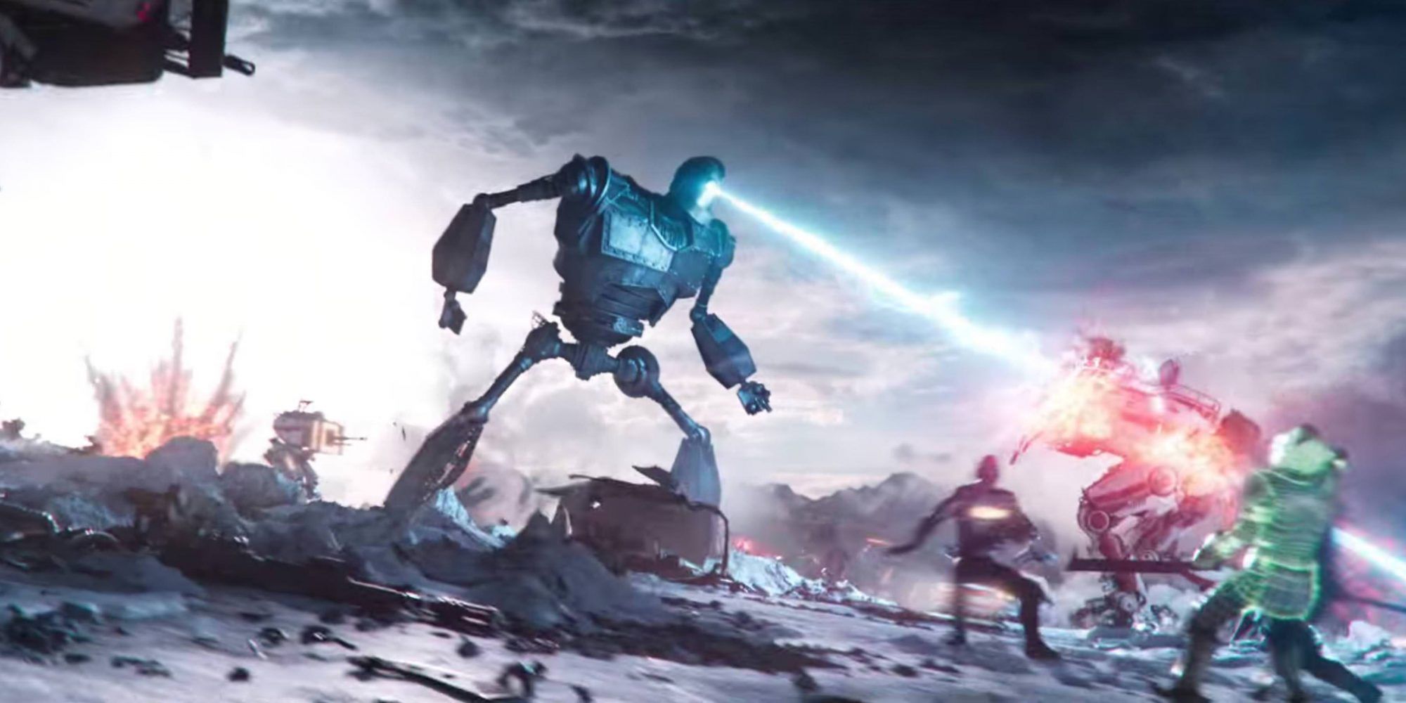 The Iron Giant shooting a walker in the final battle of Ready Player One