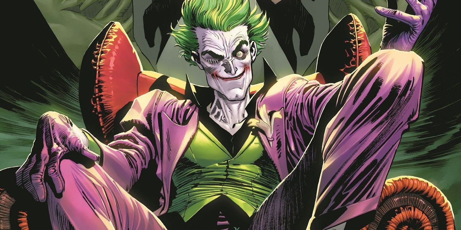 The Joker sitting on a sofa chair with a smile on the cover of THE JOKER 1