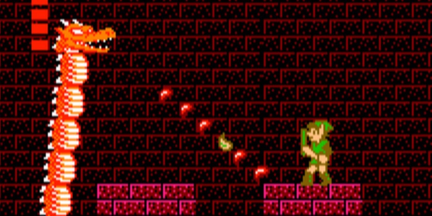 Link fighting a giant boss in Zelda II