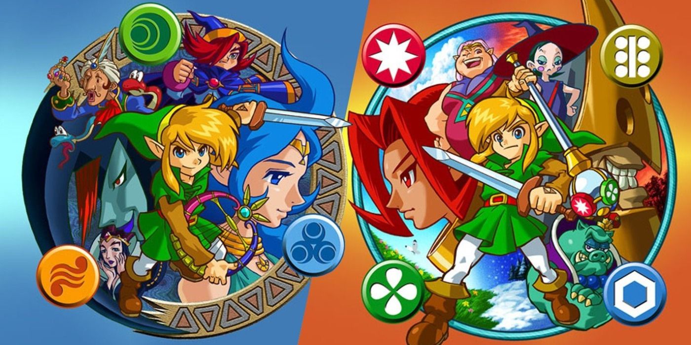 Split image of the Legend of Zelda Split image of key art for the Legend of Zelda: Oracle of Ages and Oracle of Seasons games.Oracle of Ages and Seasons games.