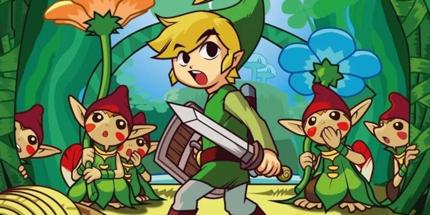 Link stands alongside the Minish in The Legend of Zelda: The Minish Cap