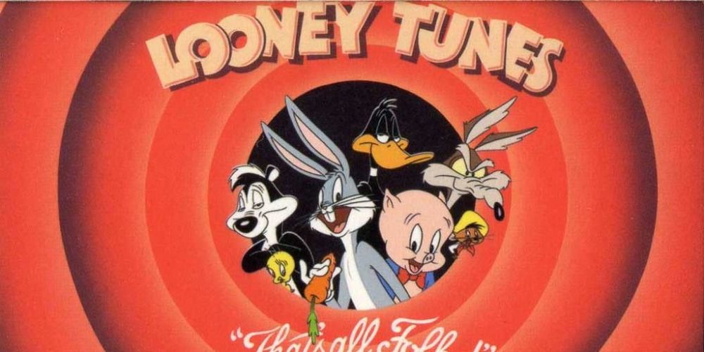 The Looney Tunes cast inside a red circle saying 