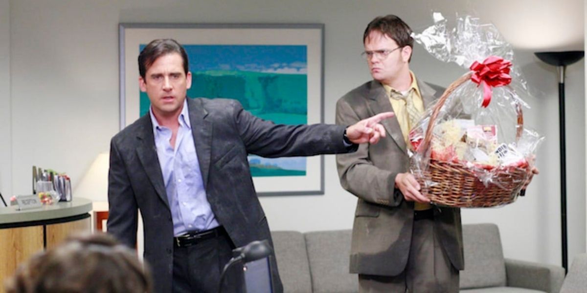 Michael and Dwight retrieve their gift basket