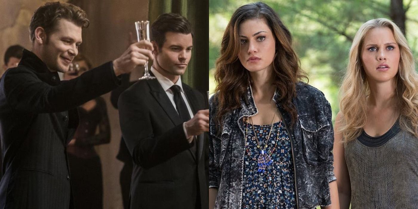 Split Image of The Originals Klaus and Elijah have a party, Hayley and Rebekah walk through the woods