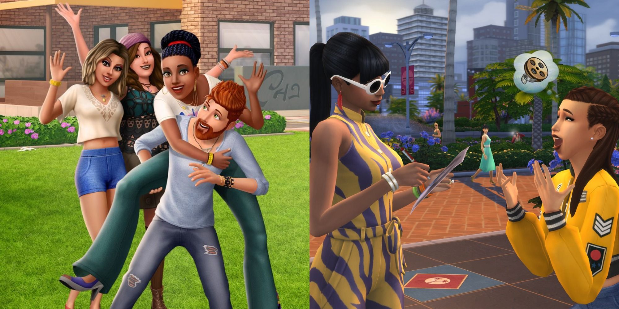 A split image of the Sims characters in the game talking and laughing with each other