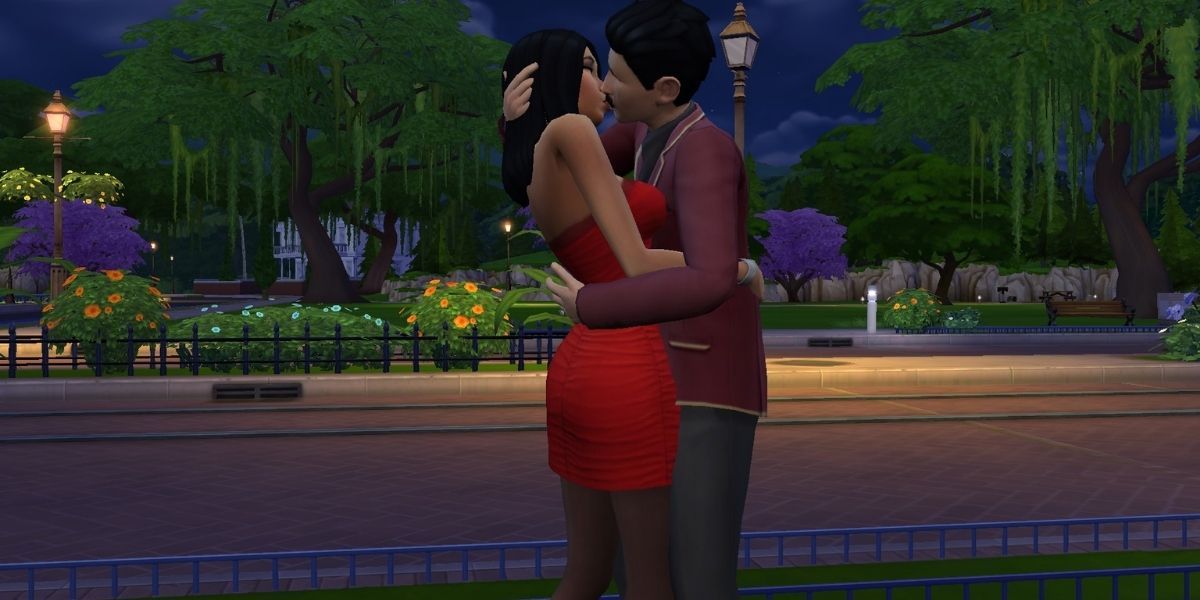 Two characters kissing on The Sims