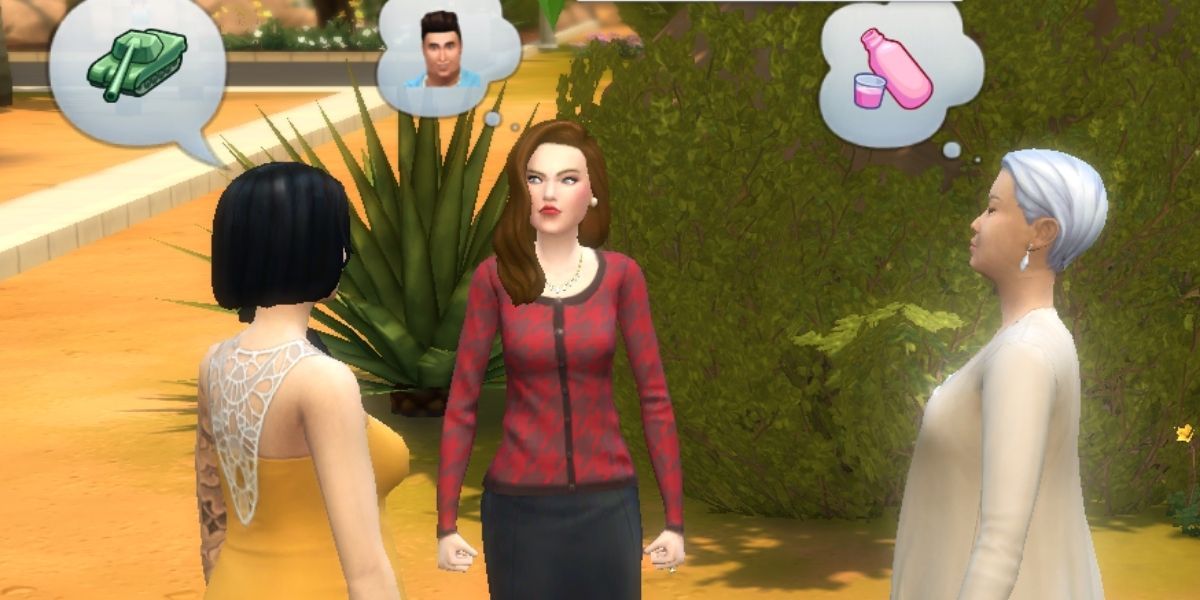 Three female characters in The Sims having a discussion