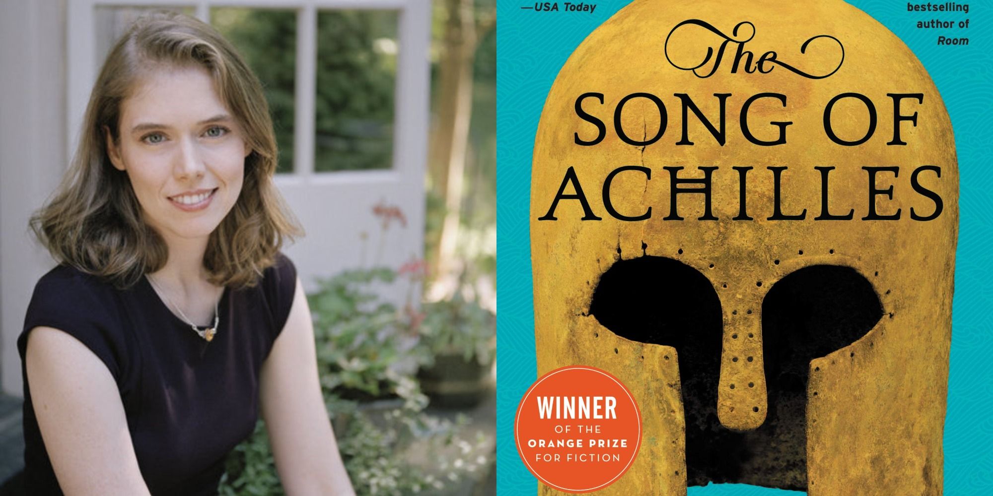 Split image showing Madeline Miller, and her book, The Song of Achilles