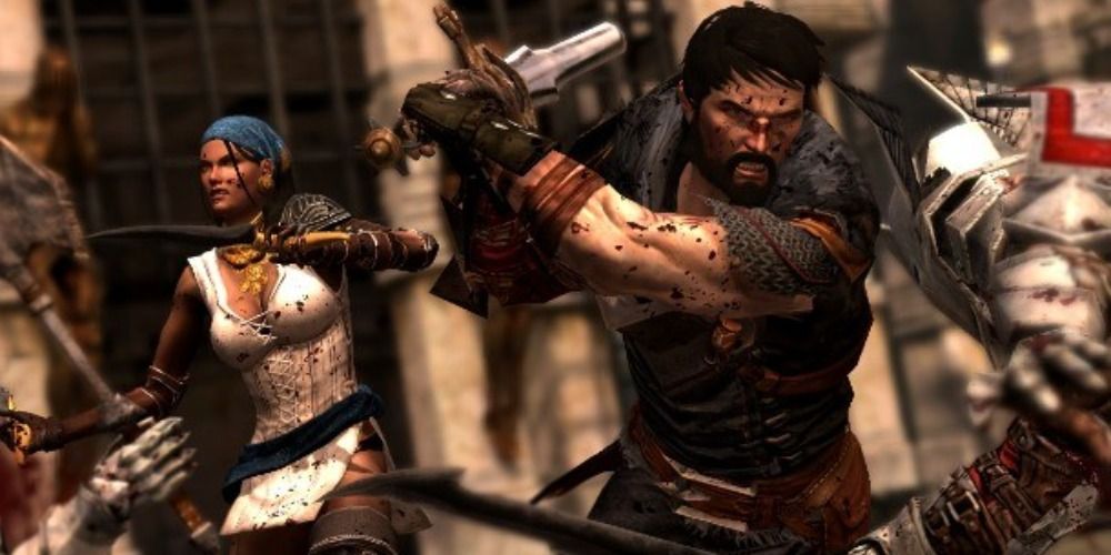 Hawke in battle in Dragon Age II.