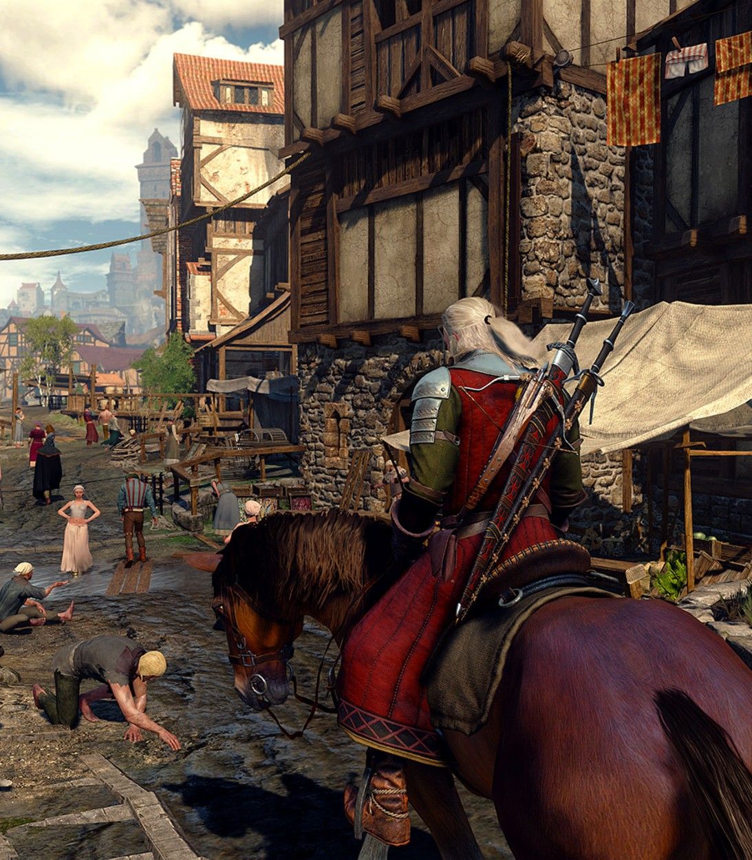 The Witcher 3 Wild Hunt riding through the street