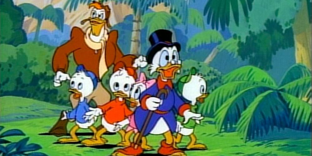 The cast of Ducktales looking around a forest