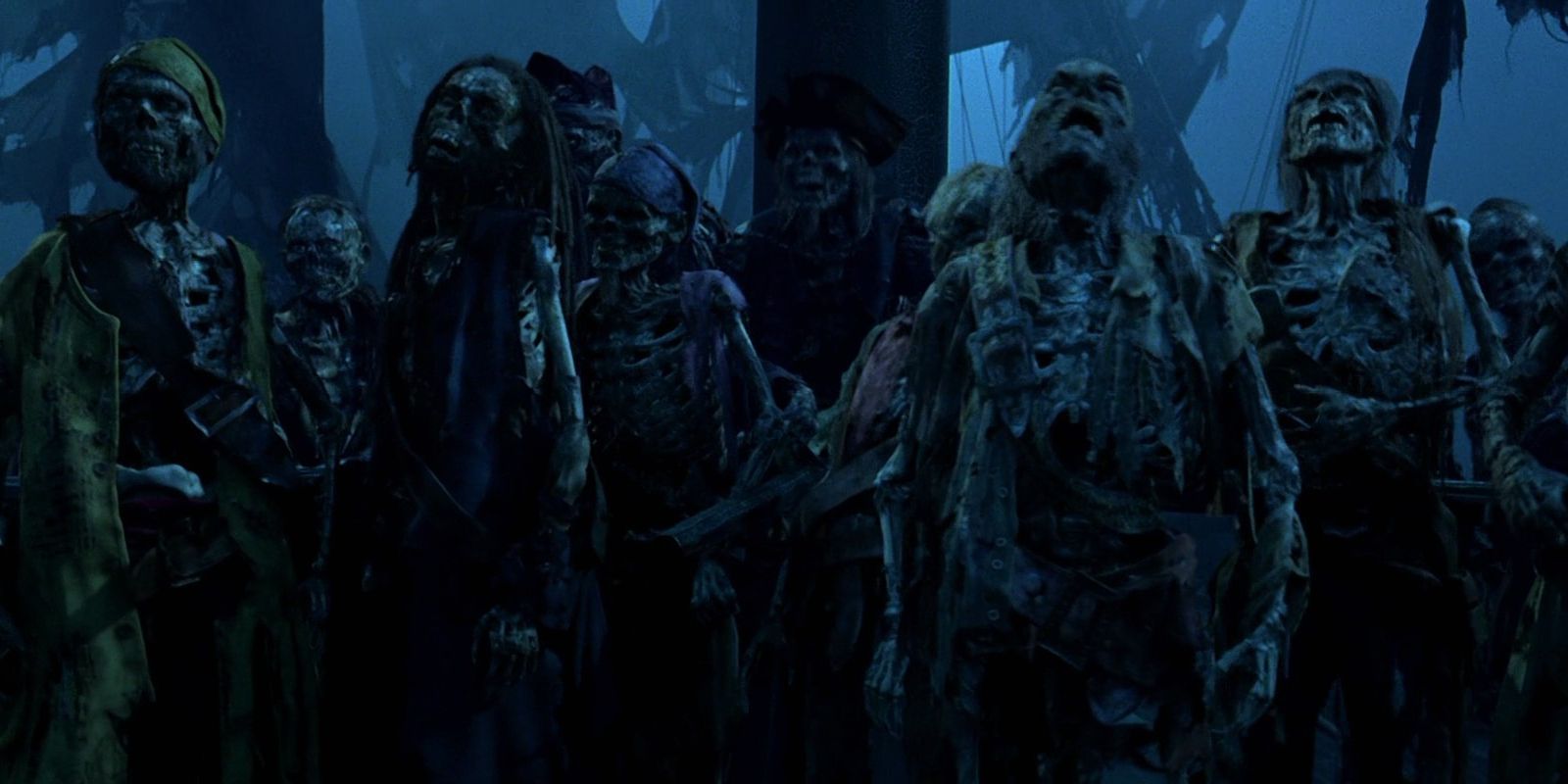 The cursed crew of the Black Pearl in Pirates Of The Caribbean Curse Of The Black Pearl
