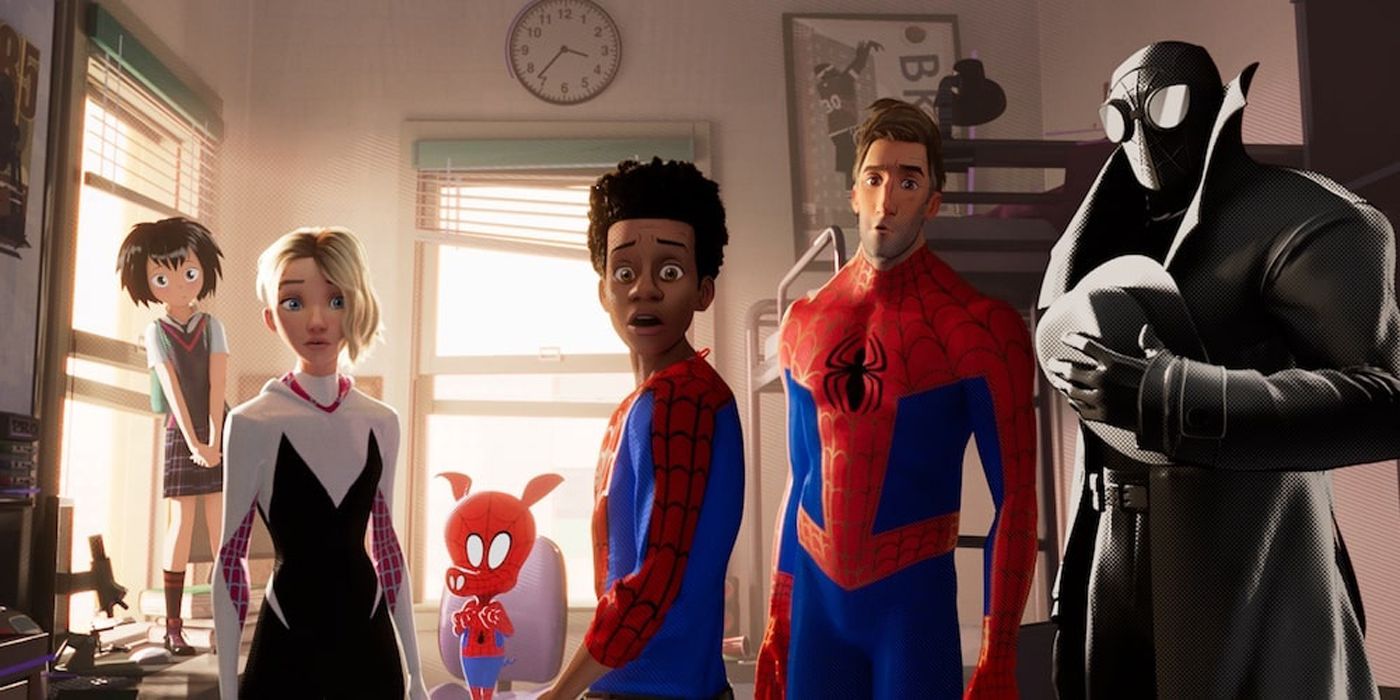 The heroes of the Spider-Verse in MIles' apartment.