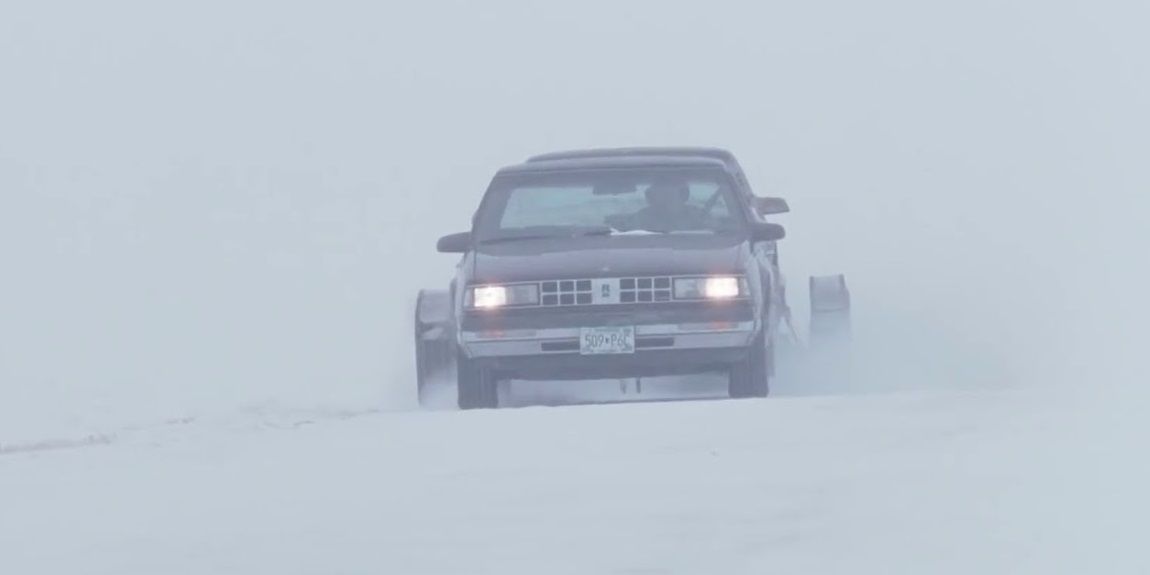 A car driving towards the camera in the opening scene of Fargo