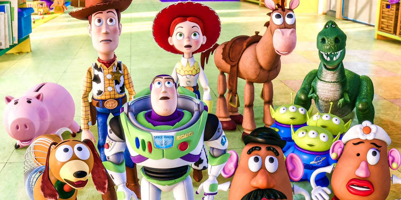 The toys looking on in Toy Story 3.