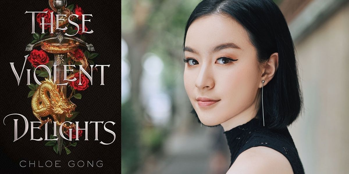 Split image showing the cover to These Violent Delights, and its author, Chloe Gong