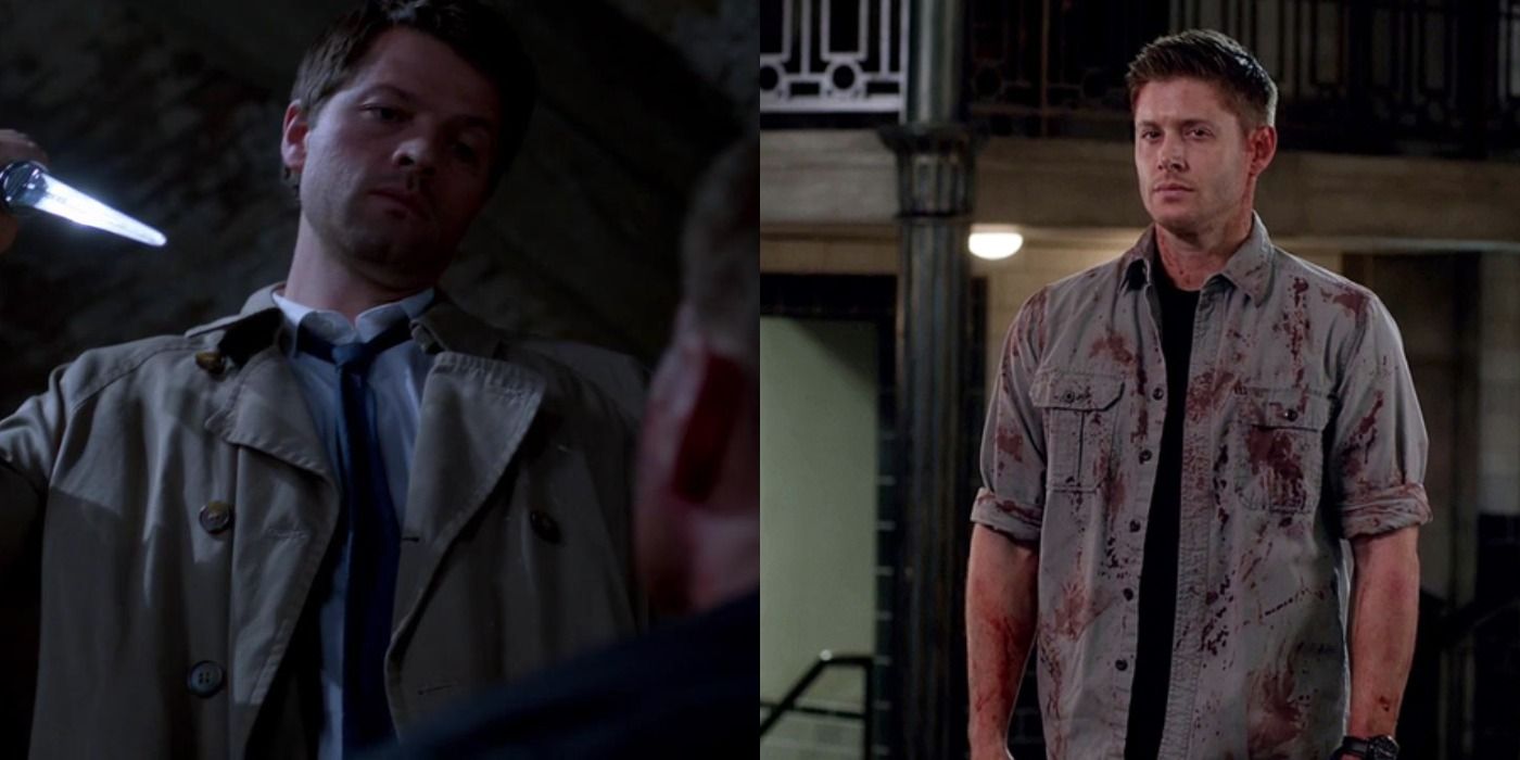 Split image of Castiel with a knife and Dean covered in blood