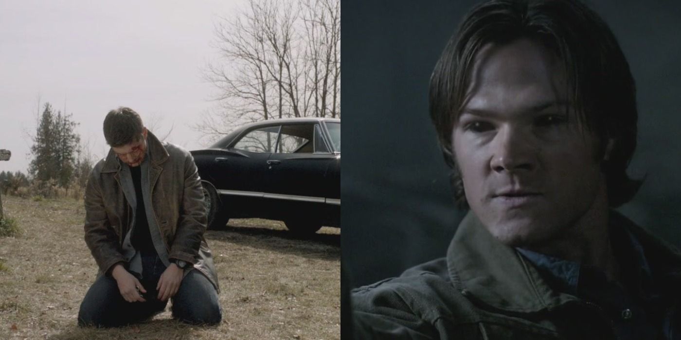 Split image of Dean on his knees and Sam coveredin blood