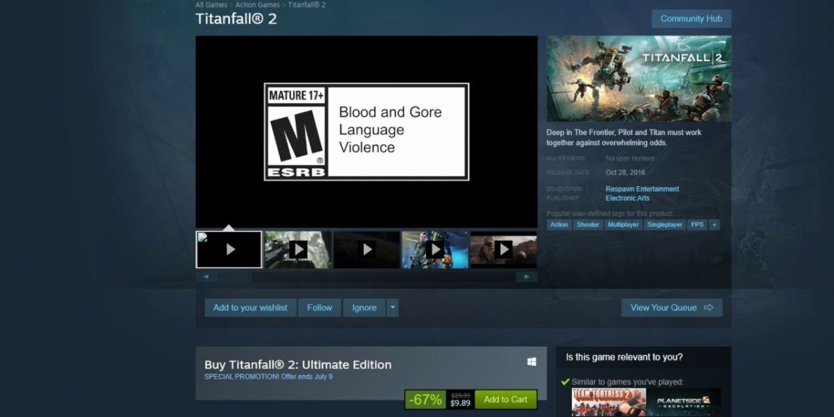 The Steam store page for Titanfall 2.