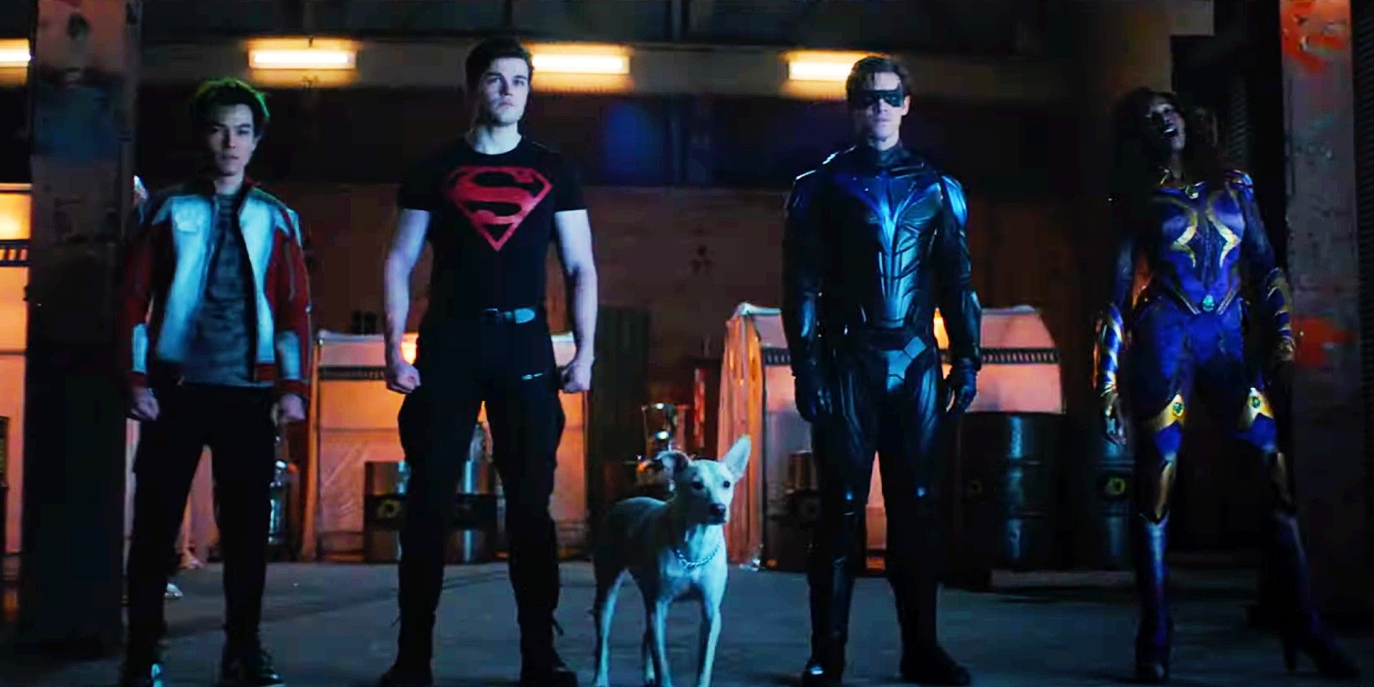 Beast Boy, Superboy, Krypto, Nightwing, and Starfire standing side by side in Titans