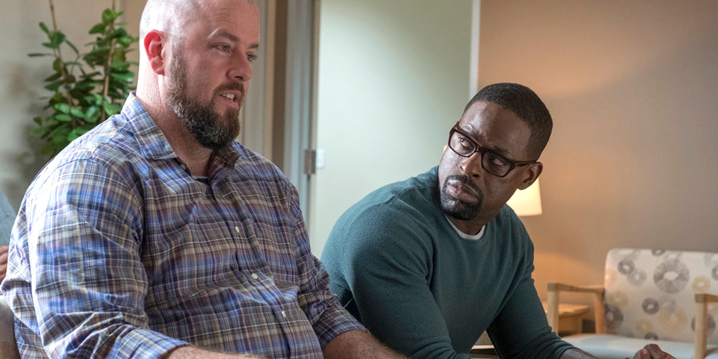 Toby discusses the new noisy neighbor with Randall in This Is Us