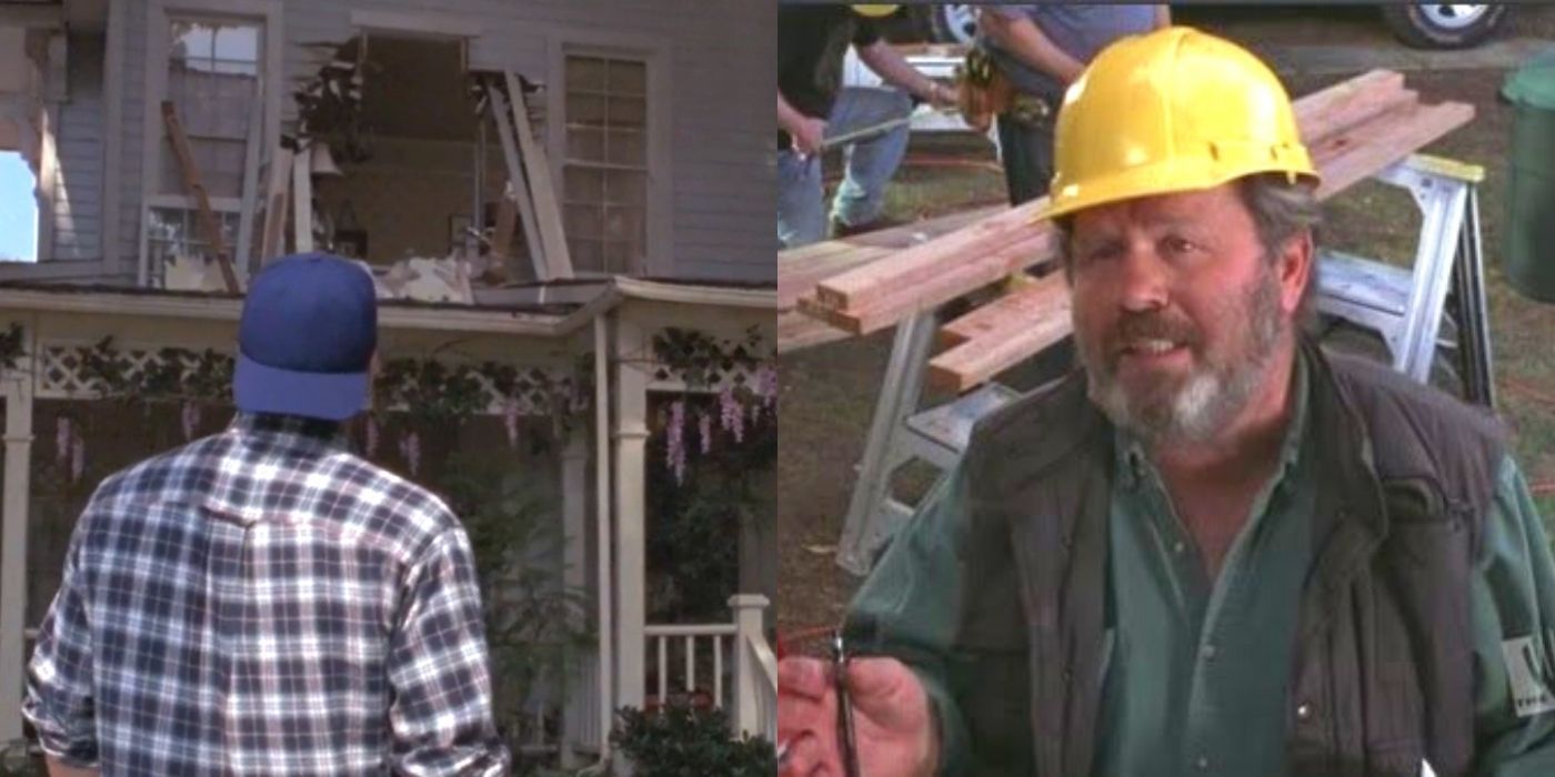 Split image of Luke's back and Tom in a yellow hat on Gilmore Girls