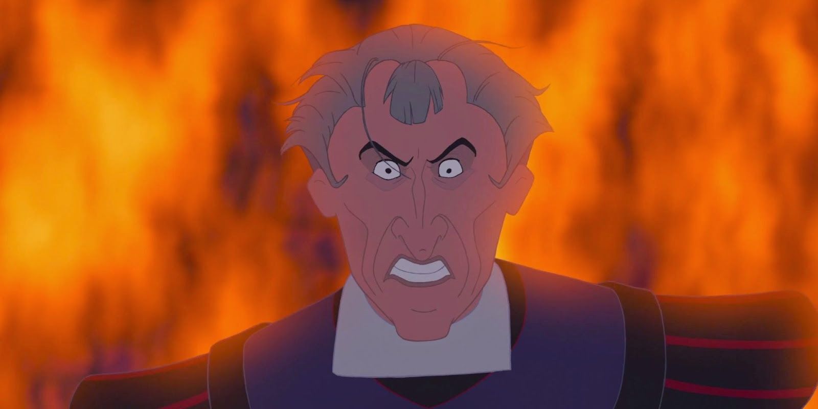 Claude Frollo looking angry with fire behind him in The Hunchback of Notre Dame
