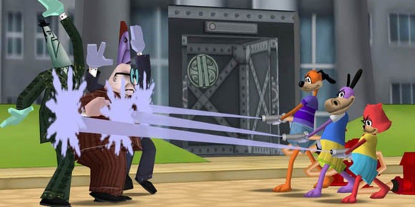 Toontown characters blasting businessmen with water hoses