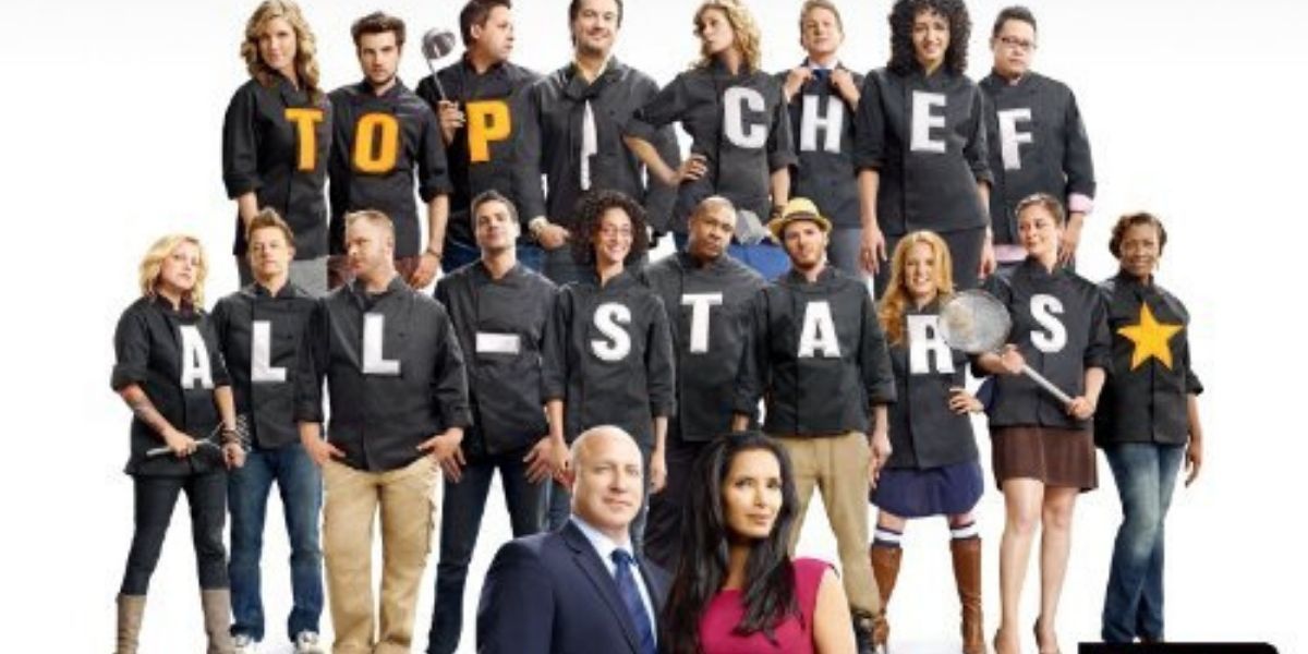 The cast and hosts of Top Chef All Stars season 8 standing in front of white background