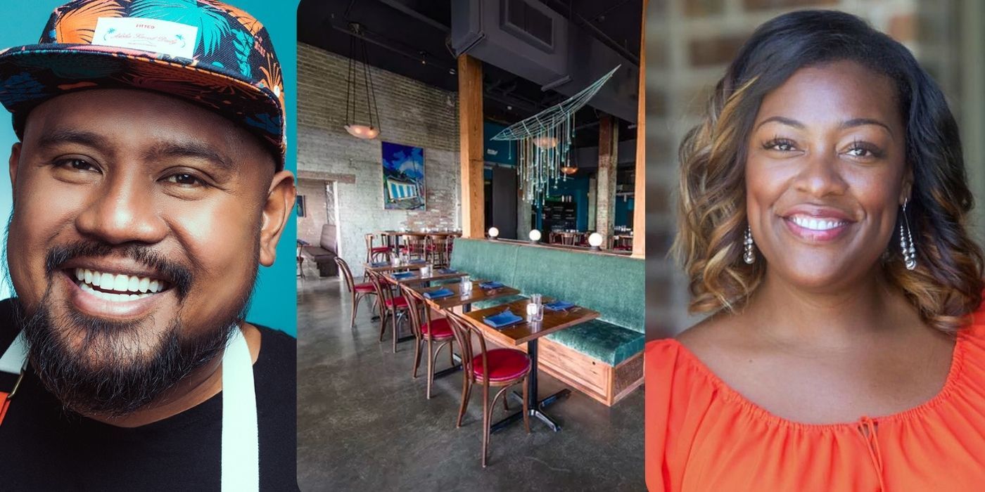 An image of Sheldon Simeon, a restaurant, and Tiffany Derry in Top Chef