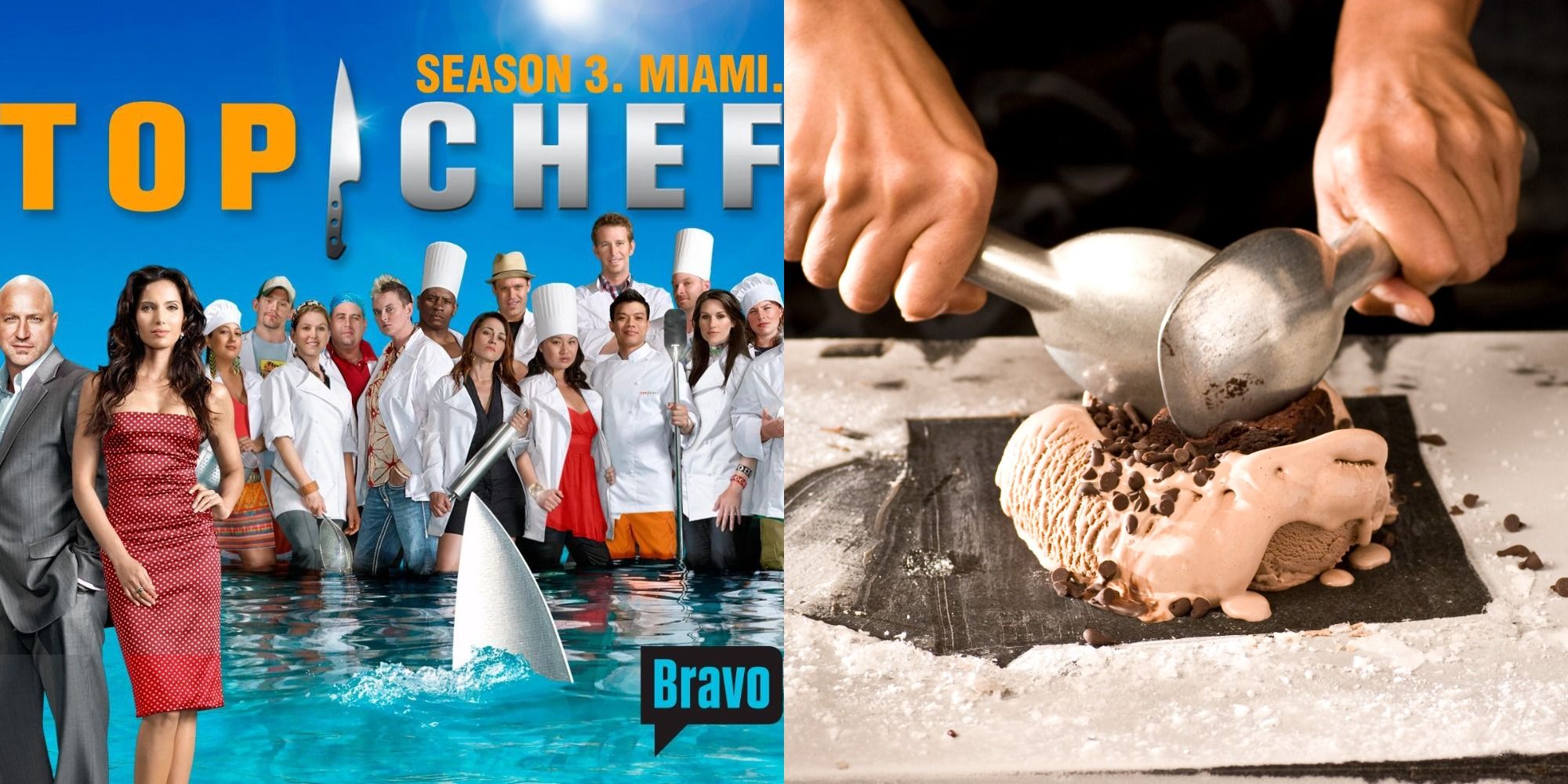 Split image showing the hosts and contestants of Top Chef Miami, and a pair of hands preparing an ice cream