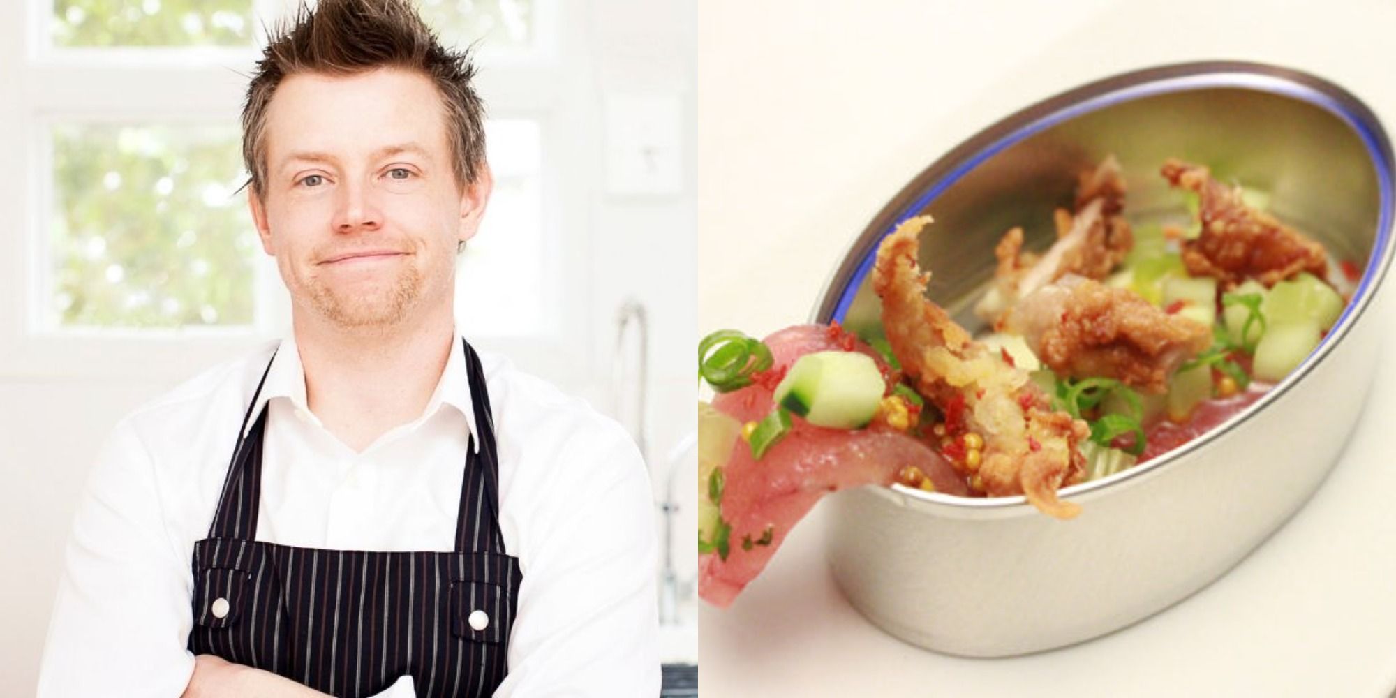 Split image showing Richard Blais smiling and his Raw Tuna Belly &amp; Fried Chicken Skin With Chilies &amp; Lime
