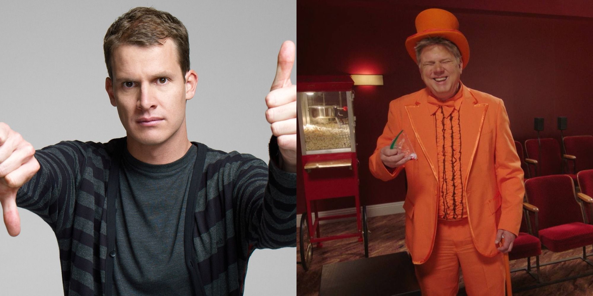 A split image of Daniel Tosh and Tommy Edison wearing an orange suit in Tosh.0