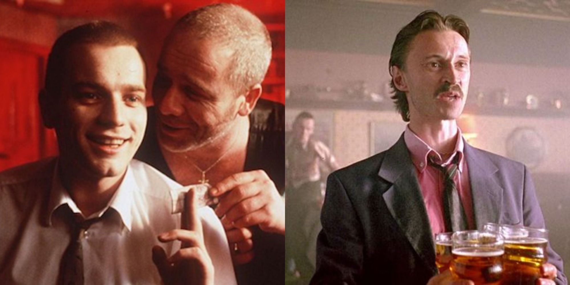 Two side by side images from Trainspotting. L: Renton and Mother Superior and right, Begbie with pints.