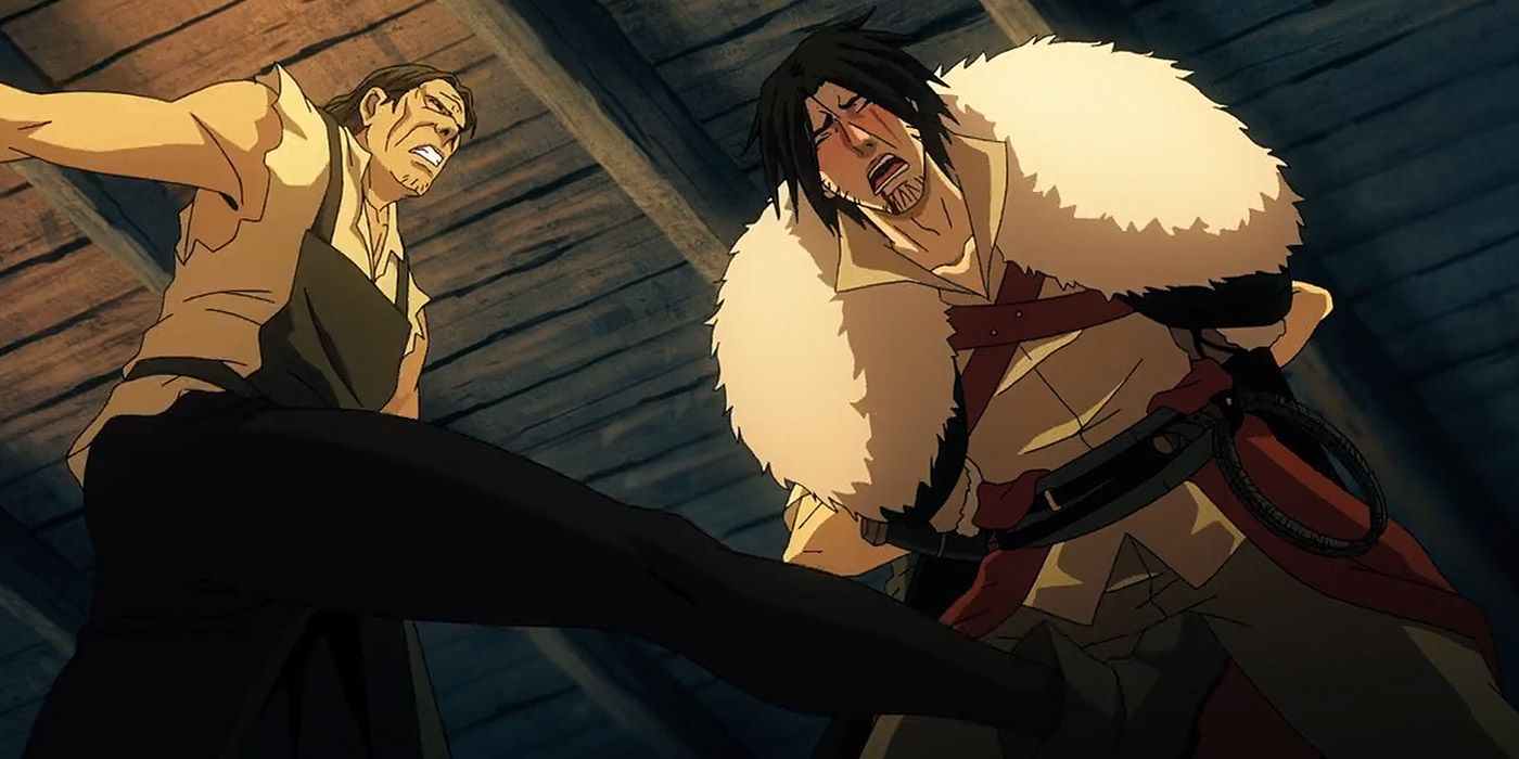 Trevor Belmont is kicked in the genitals during a bar fight