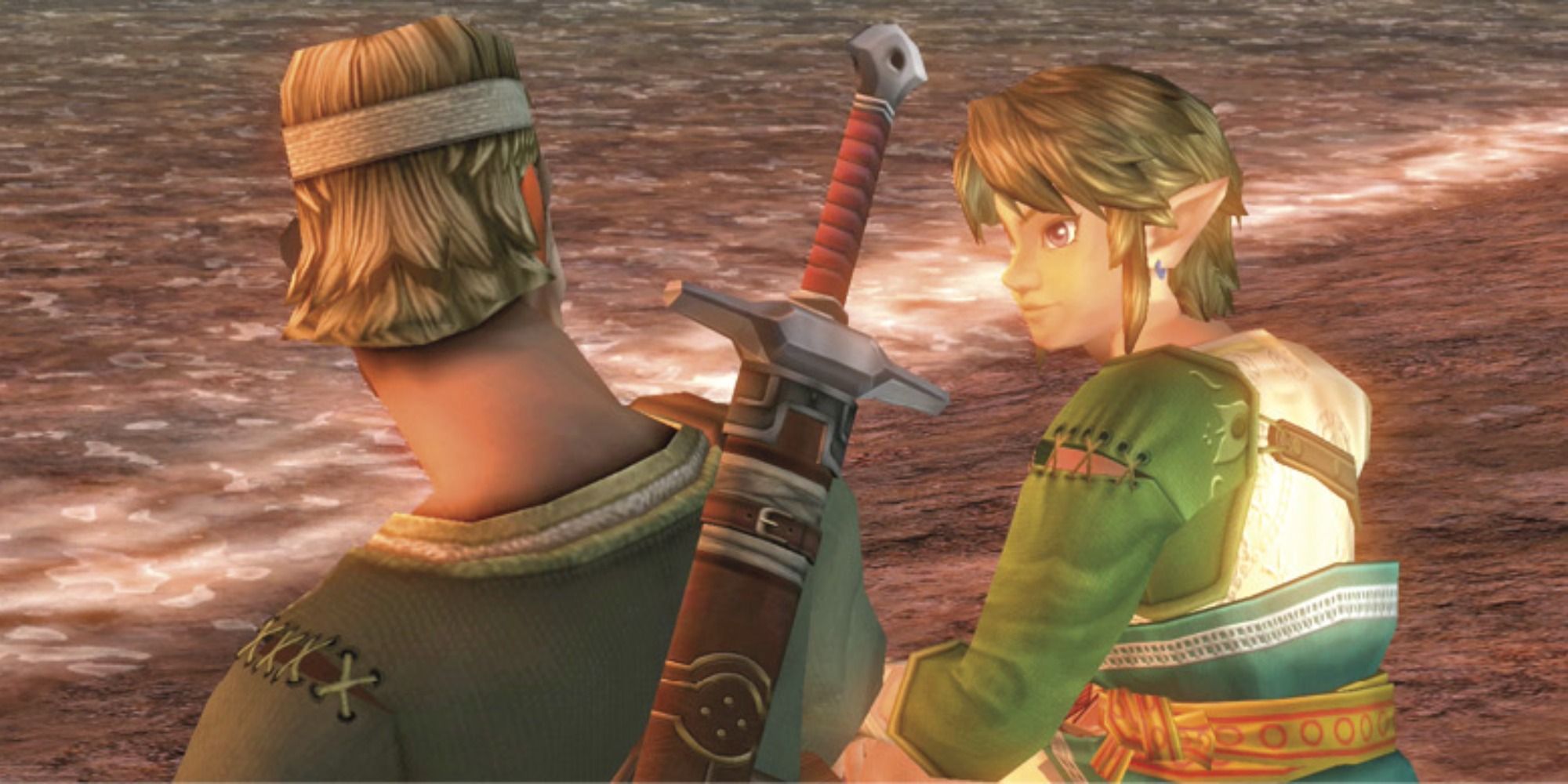 Link in his Ordon outfit sitting by a lake.