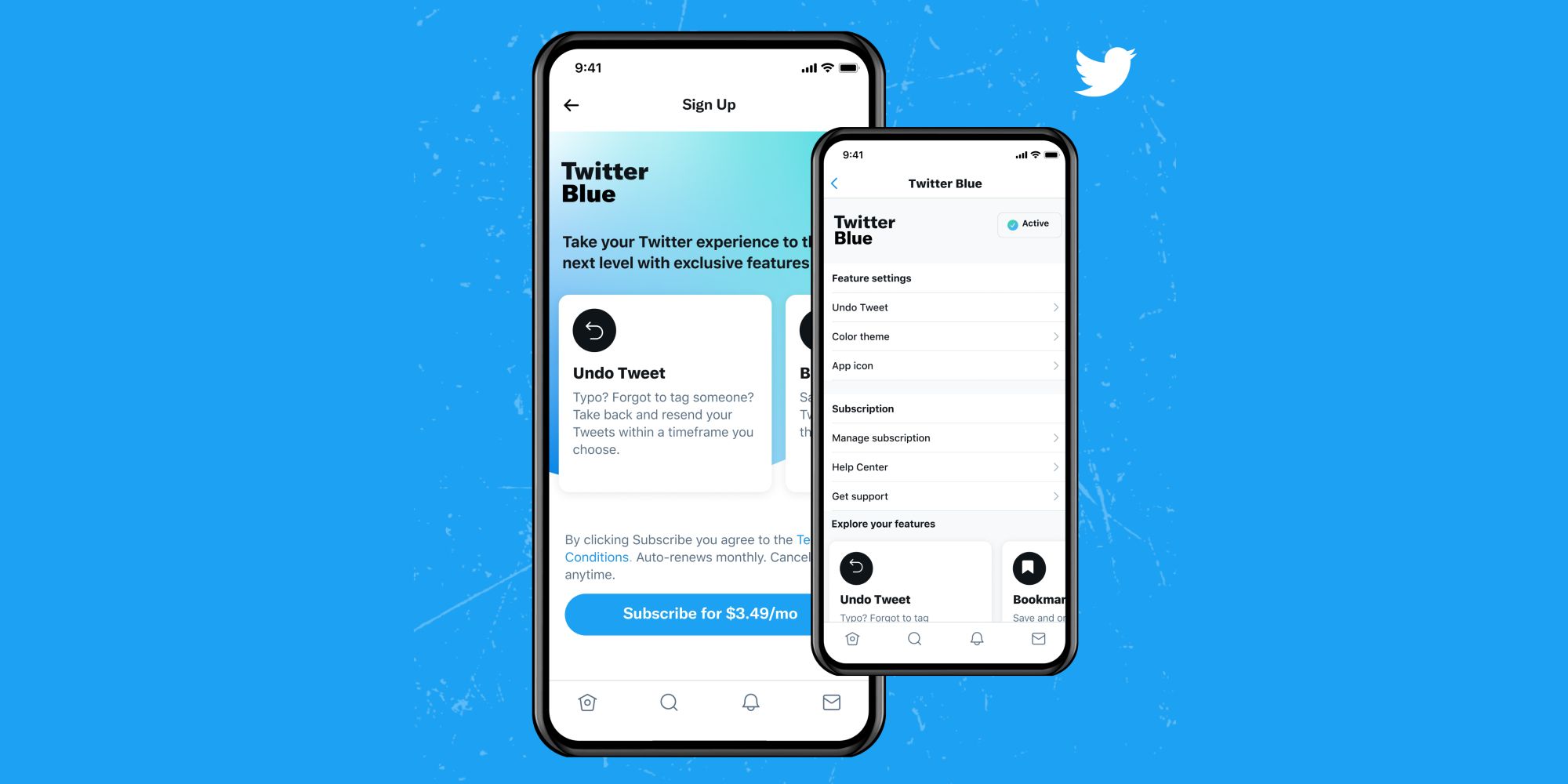 Twitter Blue subscription page and settings