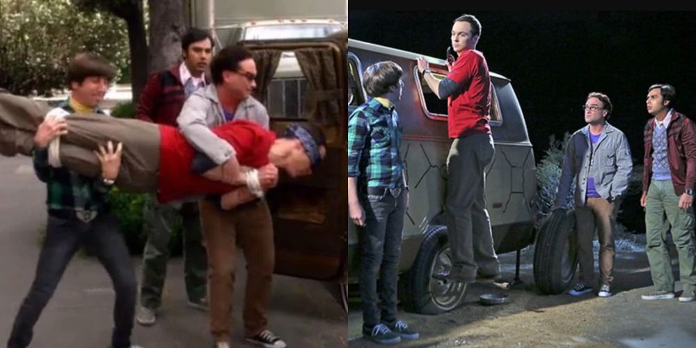 Two side by side images from the bachelor party in The Big Bang Theory