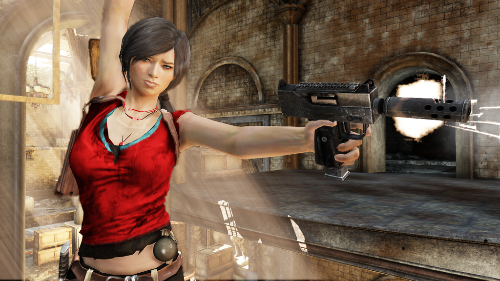 Chloe Frazer firing a weapon in the Uncharted games.