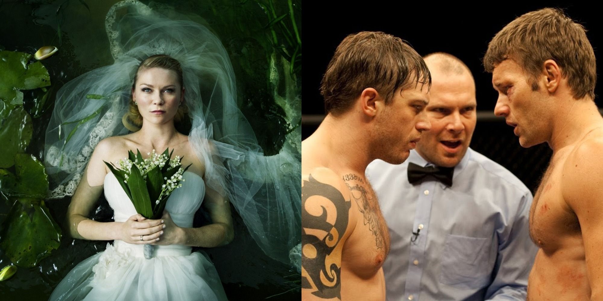 Split image depicting Justine from Melancholia in her wedding dress lying on water, and Tom and Brendan from Warrior facing off