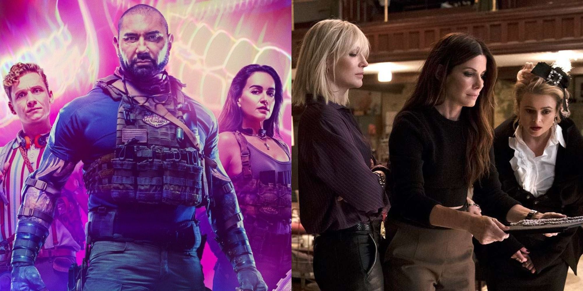 Split image showing the casts of Army of the Dead and Ocean's 8