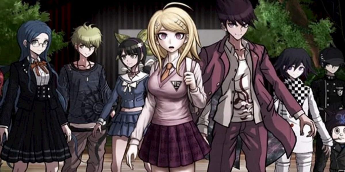 Main characters of Danganronpa outside, looking concerned
