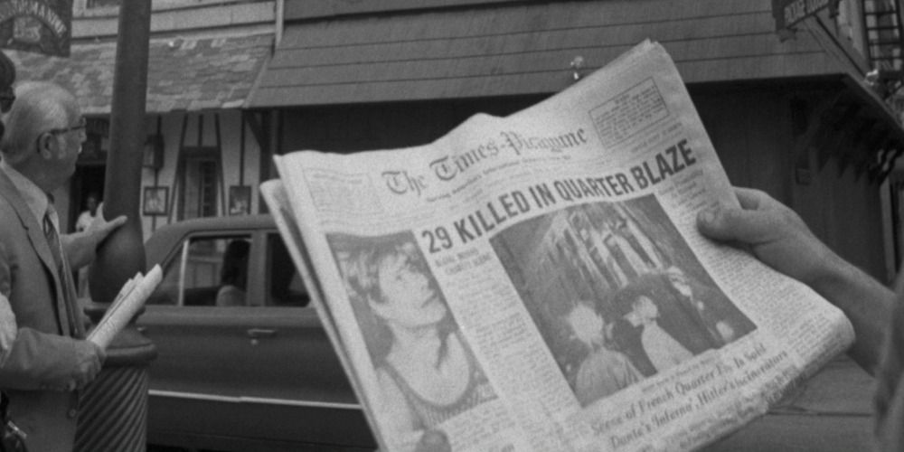 Still of a newspaper from the Upstairs Inferno documentary