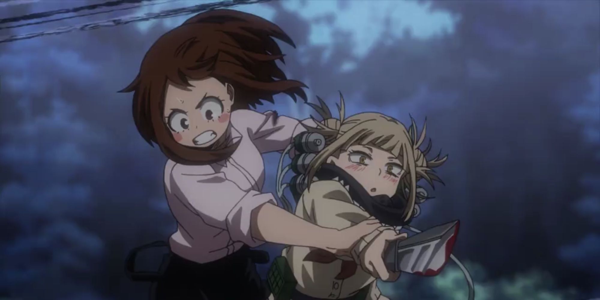 Uraraka and Toga fighting in the third season of My Hero Academia.