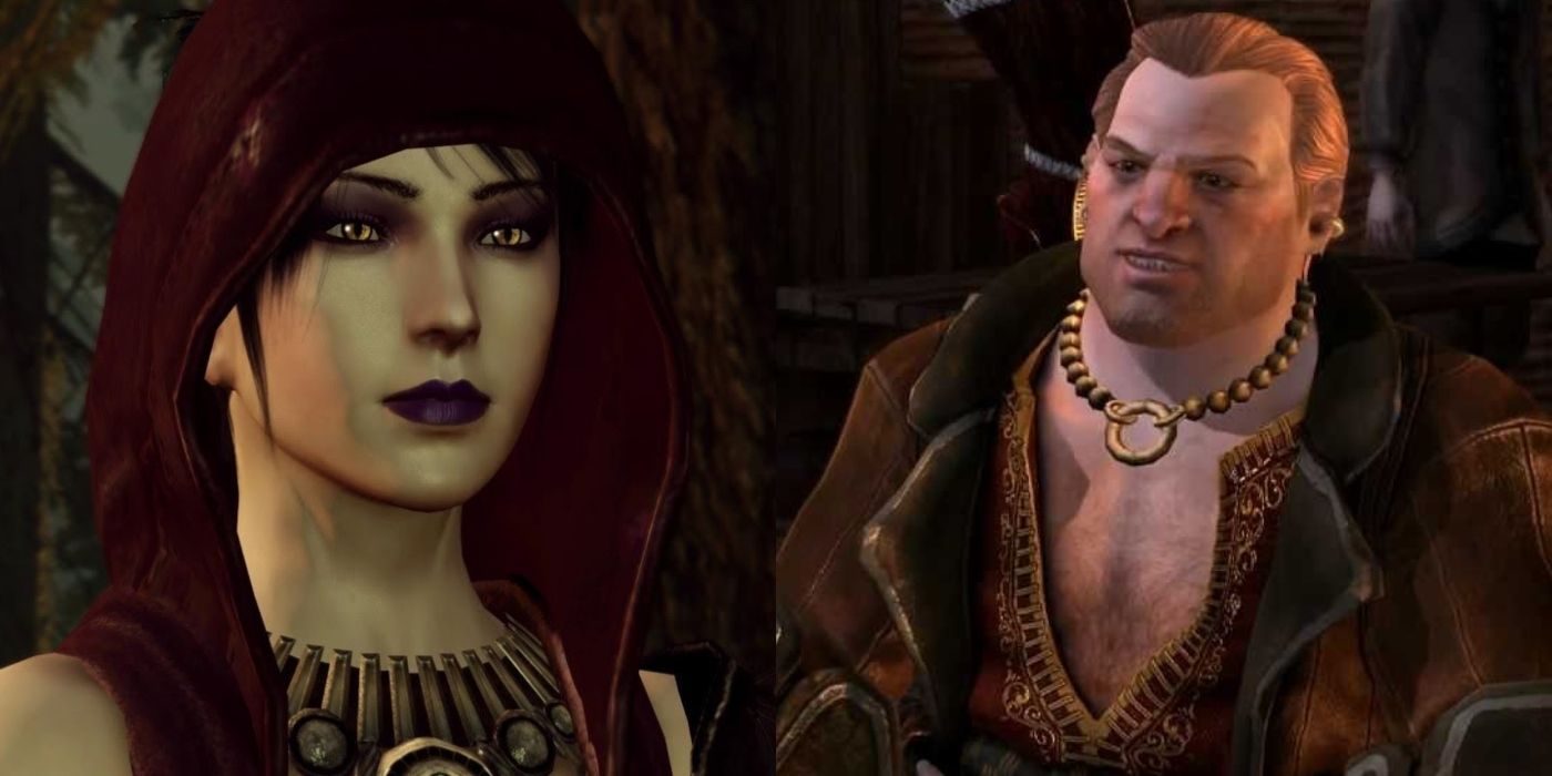 Split image of Varric and Morrigan from the Dragon Age games